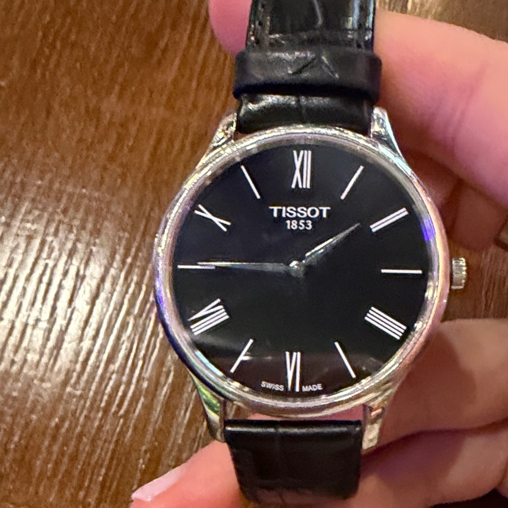 Tissot Black Dial Silver Case Leather Strap Watch